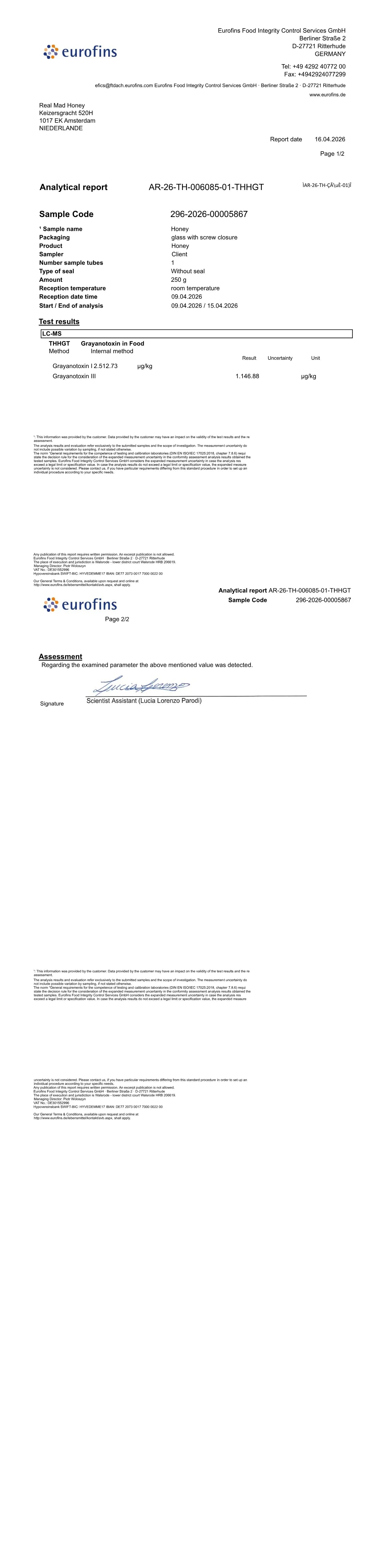Eurofins third-party lab report — Real Mad Honey grayanotoxin analysis
